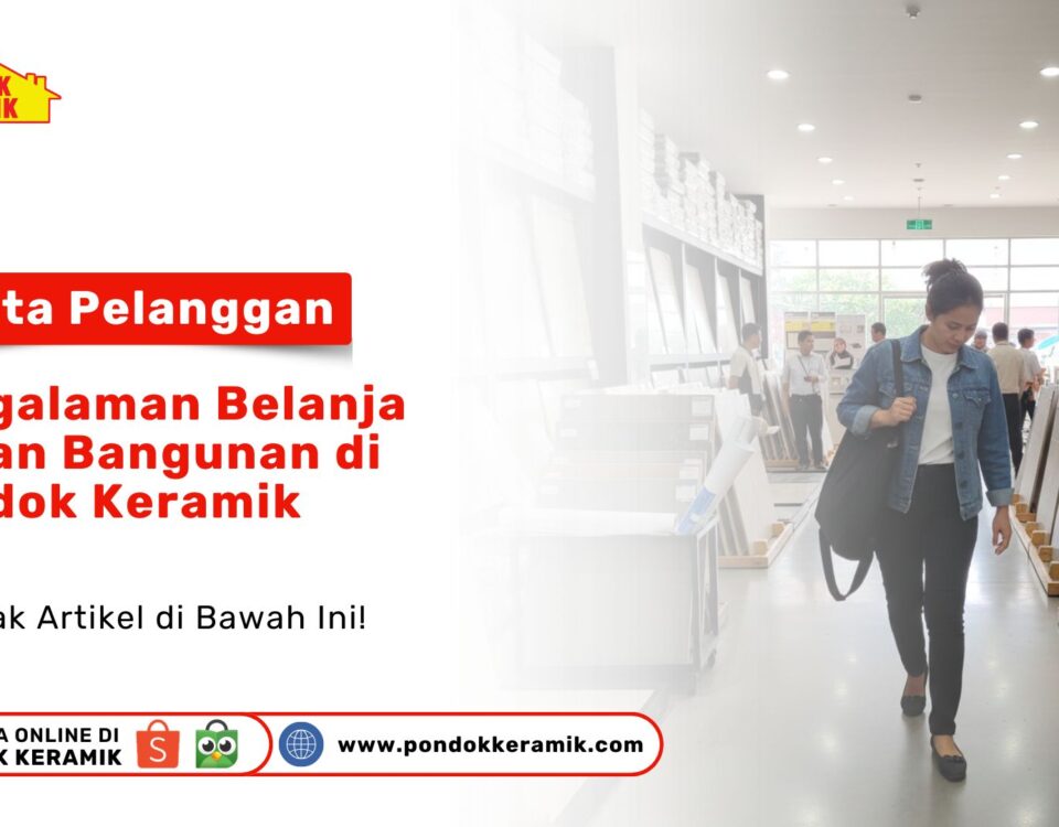 Seorang wanita sedang berjalan di lorong toko bahan bangunan yang luas dan lengkap sebagai visual pengalaman belanja bahan bangunan di Pondok Keramik