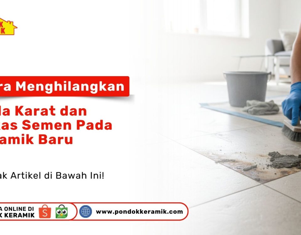 Seorang pria menggunakan sarung tangan biru sedang menyikat noda semen dan karat di lantai keramik putih menggunakan sikat kecil