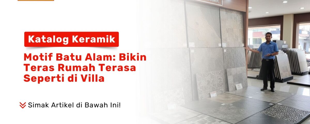 Seorang staf pria di toko bangunan sedang menunjukkan display keramik dinding dan lantai motif batu alam yang beragam