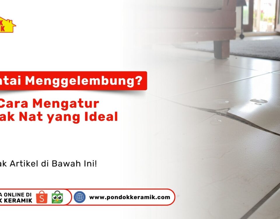 Close-up lantai keramik berwarna krem yang retak dan terangkat ke atas karena masalah pemuaian di dalam ruangan