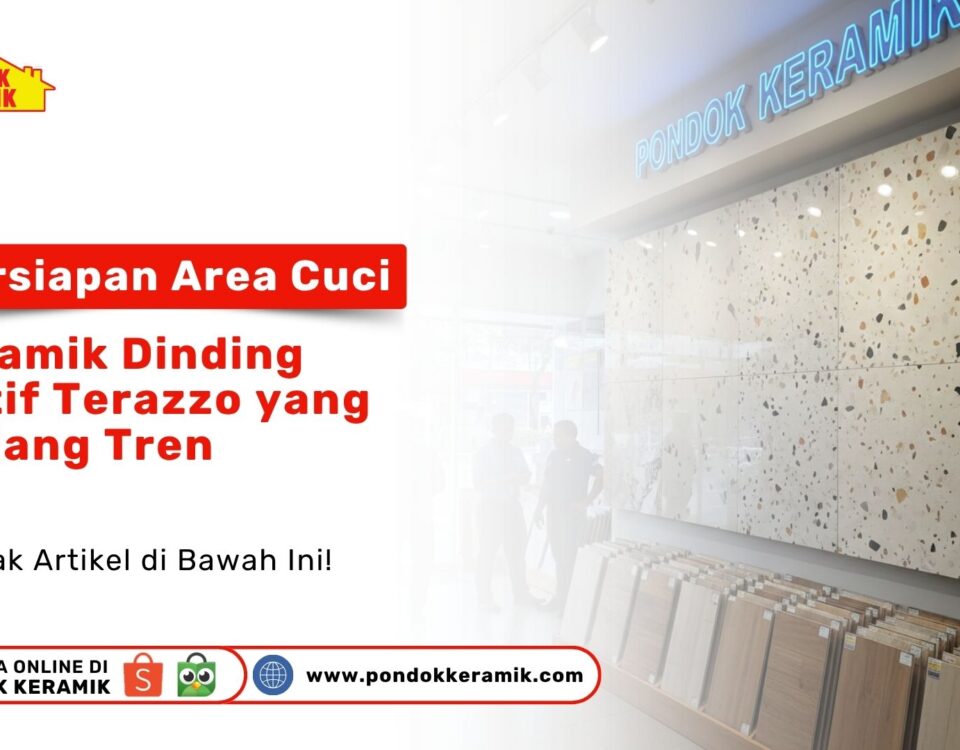 Display keramik dinding motif terazzo dengan fragmen warna cokelat dan abu-abu di showroom Pondok Keramik