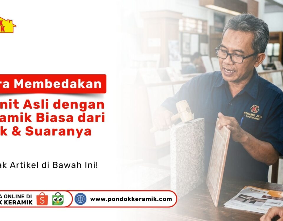 Seorang staf sedang mempraktikkan Cara Membedakan Granit Asli dengan Keramik Biasa dari Fisik & Suaranya menggunakan palu