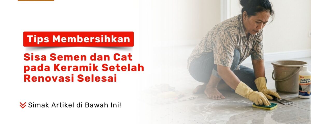 Seorang wanita sedang mempraktikkan Tips Membersihkan Sisa Semen dan Cat pada Keramik Setelah Renovasi Selesai menggunakan spons dan kape