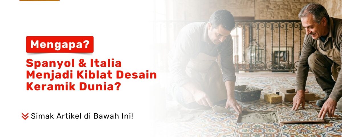 Tukang bangunan profesional sedang memasang ubin bermotif seni eropa sebagai ilustrasi Kiblat Desain Keramik Dunia