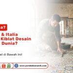 Tukang bangunan profesional sedang memasang ubin bermotif seni eropa sebagai ilustrasi Kiblat Desain Keramik Dunia
