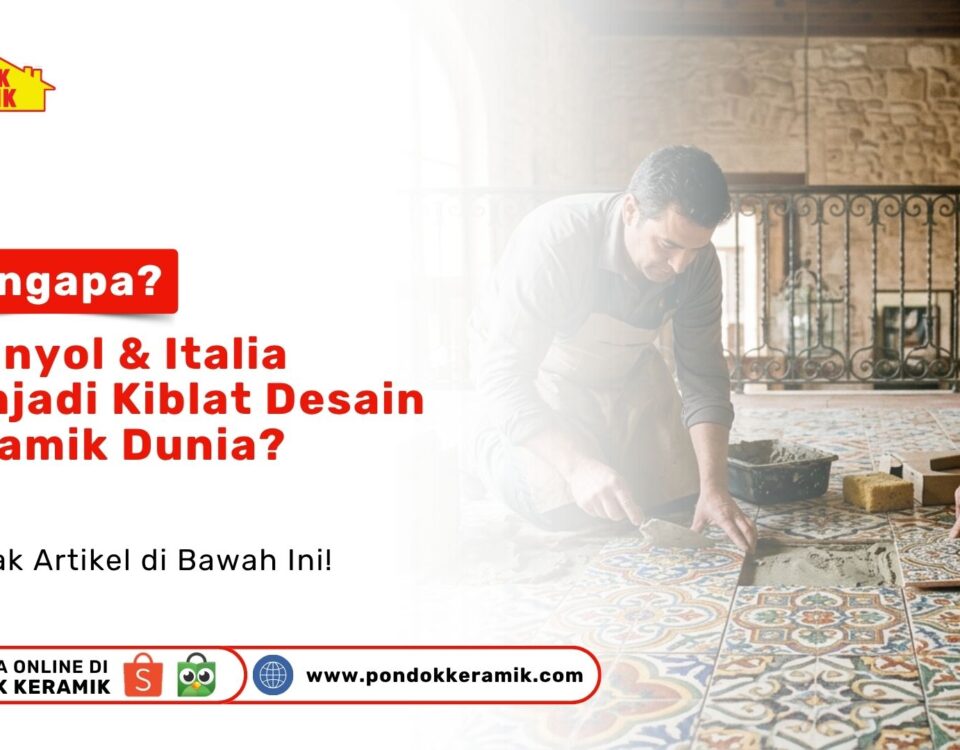 Tukang bangunan profesional sedang memasang ubin bermotif seni eropa sebagai ilustrasi Kiblat Desain Keramik Dunia