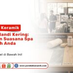 Display contoh ubin Rinjani Slate, Bali Wood, dan Riverstone Mosaic berdampingan dengan dekorasi lilin aroma terapi di Toko Pondok Keramik