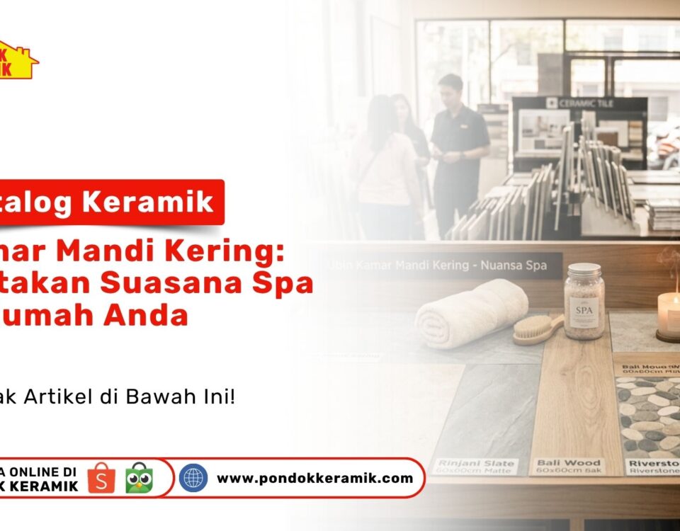 Display contoh ubin Rinjani Slate, Bali Wood, dan Riverstone Mosaic berdampingan dengan dekorasi lilin aroma terapi di Toko Pondok Keramik