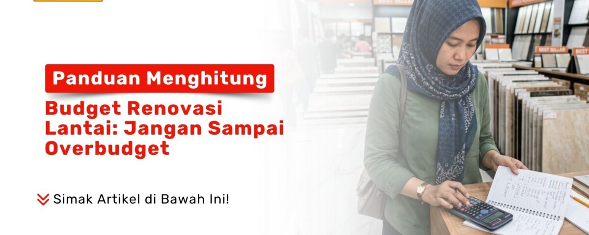Seorang wanita berhijab sedang menghitung catatan nota keuangan renovasi menggunakan kalkulator digital di dalam Toko Pondok Keramik