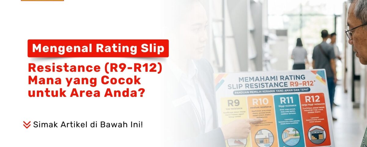 Seorang wiraniaga wanita sedang menjelaskan papan infografis mengenai Mengenal Rating Slip Resistance ubin lantai kepada seorang pelanggan pria di Toko Pondok Keramik