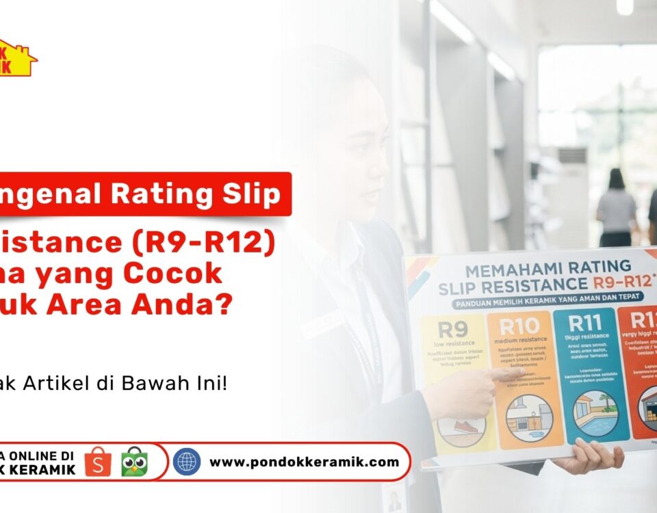 Seorang wiraniaga wanita sedang menjelaskan papan infografis mengenai Mengenal Rating Slip Resistance ubin lantai kepada seorang pelanggan pria di Toko Pondok Keramik