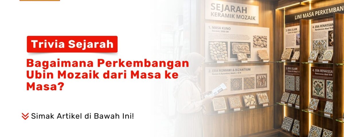Seorang wanita berjilbab sedang membaca brosur di depan papan peragaan Perkembangan Ubin Mozaik Sejarah kuno Toko Pondok Keramik
