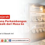 Seorang wanita berjilbab sedang membaca brosur di depan papan peragaan Perkembangan Ubin Mozaik Sejarah kuno Toko Pondok Keramik