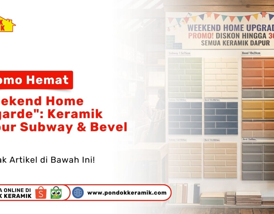 Papan pajangan besar contoh pola susunan warna-warni Promo Hemat Keramik Dapur model subway dan bevel di Toko Pondok Keramik