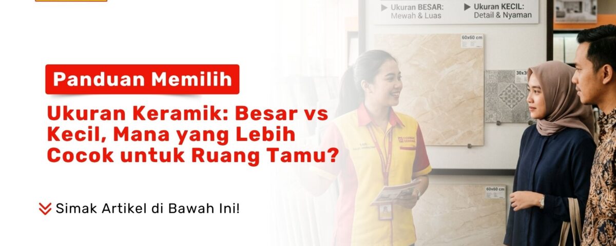 Seorang staf wanita sedang memandu konsumen memilih contoh pajangan Panduan Memilih Ukuran Keramik dinding di Showroom Toko Pondok Keramik