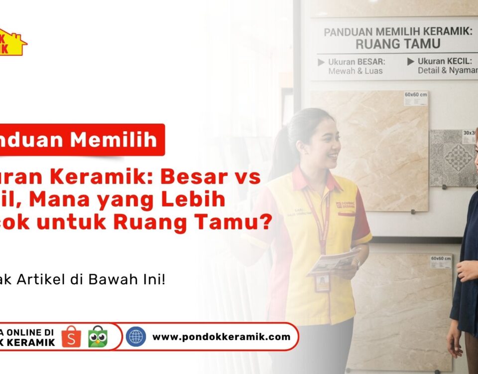 Seorang staf wanita sedang memandu konsumen memilih contoh pajangan Panduan Memilih Ukuran Keramik dinding di Showroom Toko Pondok Keramik