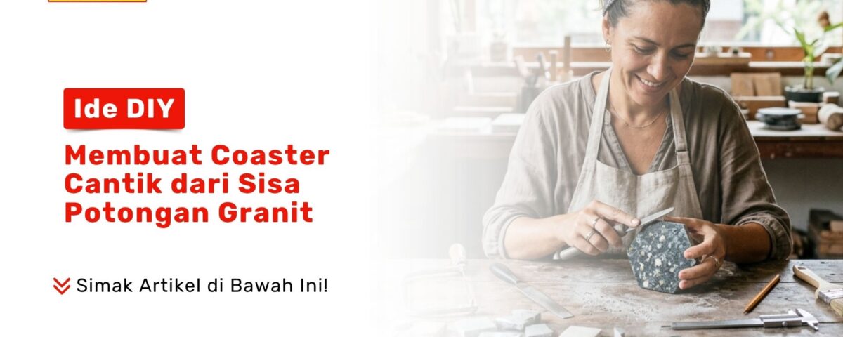 Seorang wanita memakai celemek sedang mengikir sudut kerajinan Ide DIY Coaster Granit abu-abu di atas meja kerja Toko Pondok Keramik