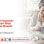 Seorang wanita memakai celemek sedang mengikir sudut kerajinan Ide DIY Coaster Granit abu-abu di atas meja kerja Toko Pondok Keramik