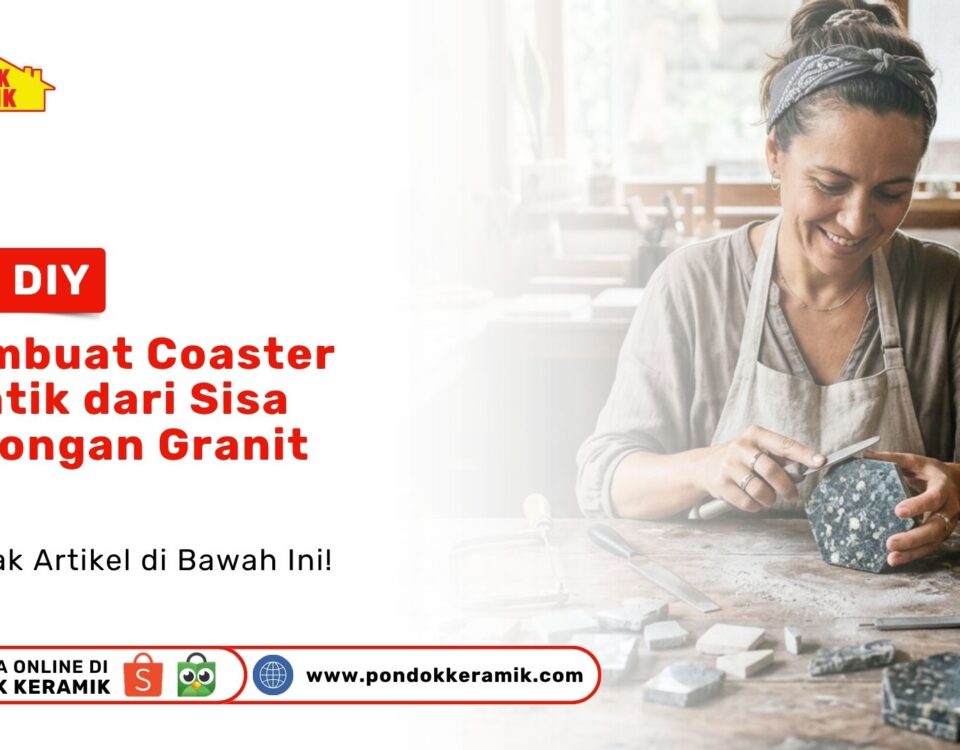 Seorang wanita memakai celemek sedang mengikir sudut kerajinan Ide DIY Coaster Granit abu-abu di atas meja kerja Toko Pondok Keramik