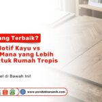 Dua contoh kepingan sampel ubin pada artikel Mana yang Terbaik Granit motif kayu mewah di atas meja Toko Pondok Keramik