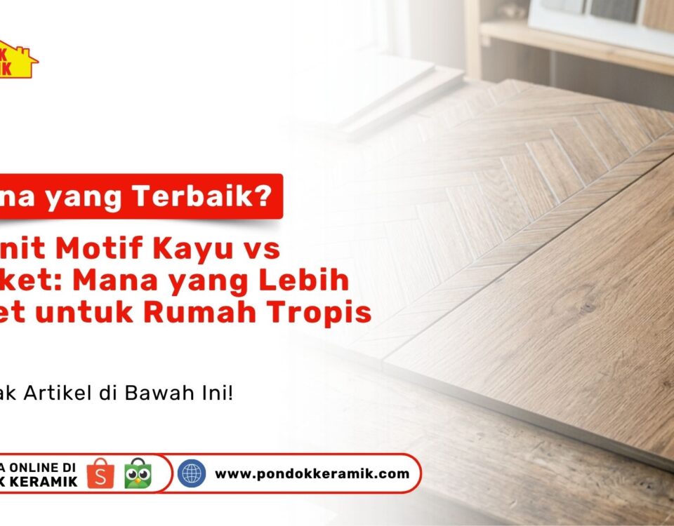Dua contoh kepingan sampel ubin pada artikel Mana yang Terbaik Granit motif kayu mewah di atas meja Toko Pondok Keramik