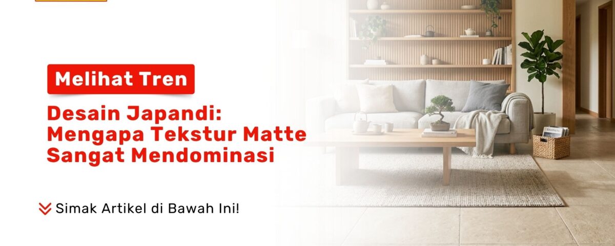 Tampilan ruang tamu minimalis pada artikel Melihat Tren Desain Japandi dengan sofa abu dan lantai matte di Toko Pondok Keramik