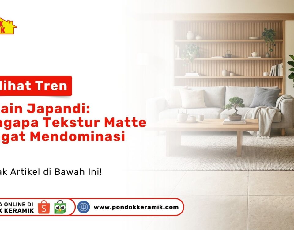 Tampilan ruang tamu minimalis pada artikel Melihat Tren Desain Japandi dengan sofa abu dan lantai matte di Toko Pondok Keramik