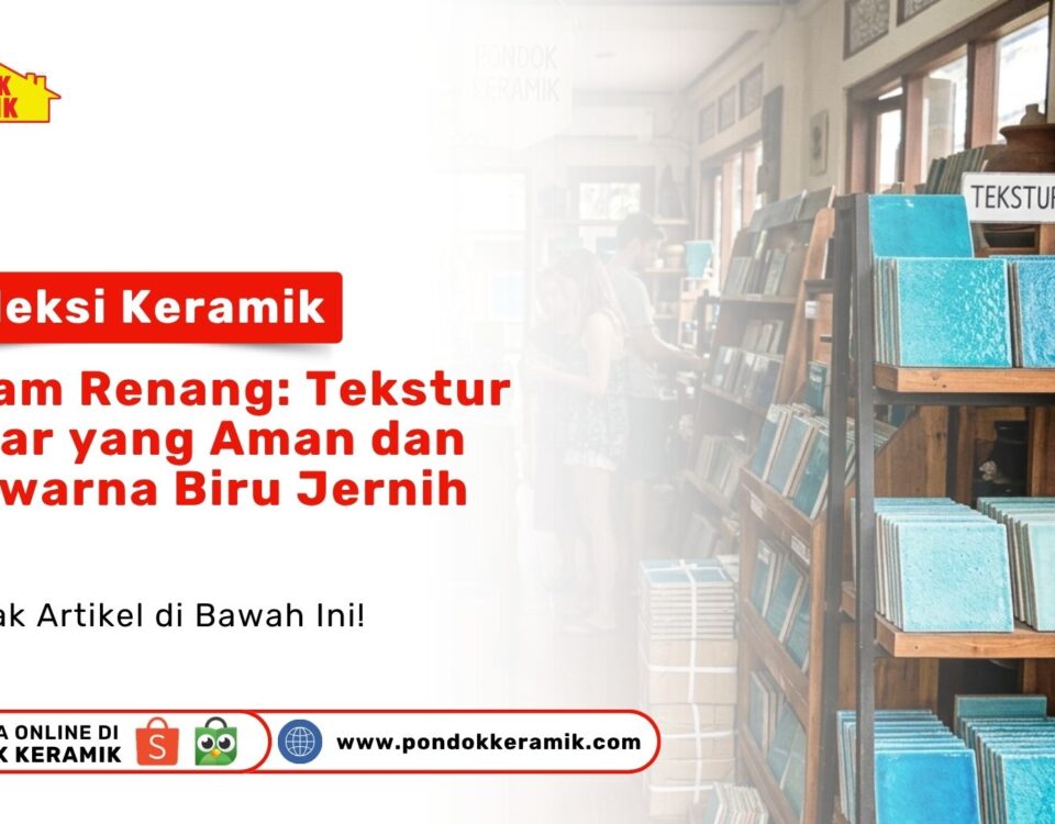 Rak pajangan kayu berisi sampel produk pada artikel Koleksi Keramik Kolam Renang biru jernih di dalam Toko Pondok Keramik