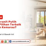 Seorang wanita duduk santai di atas lantai menikmati kesejukan ubin rumah Granit Putih Musim Kemarau dari Toko Pondok Keramik