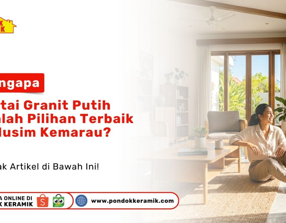 Seorang wanita duduk santai di atas lantai menikmati kesejukan ubin rumah Granit Putih Musim Kemarau dari Toko Pondok Keramik