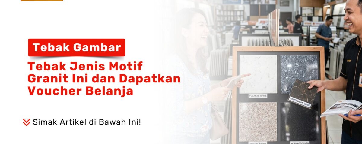 Seorang sales pria menunjukkan sampel ubin porselen pada papan display Tebak Gambar Motif Granit berhadiah di Toko Pondok Keramik
