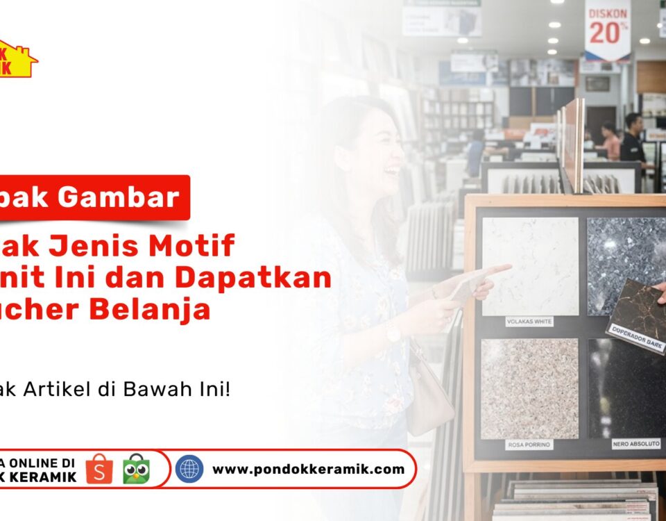 Seorang sales pria menunjukkan sampel ubin porselen pada papan display Tebak Gambar Motif Granit berhadiah di Toko Pondok Keramik
