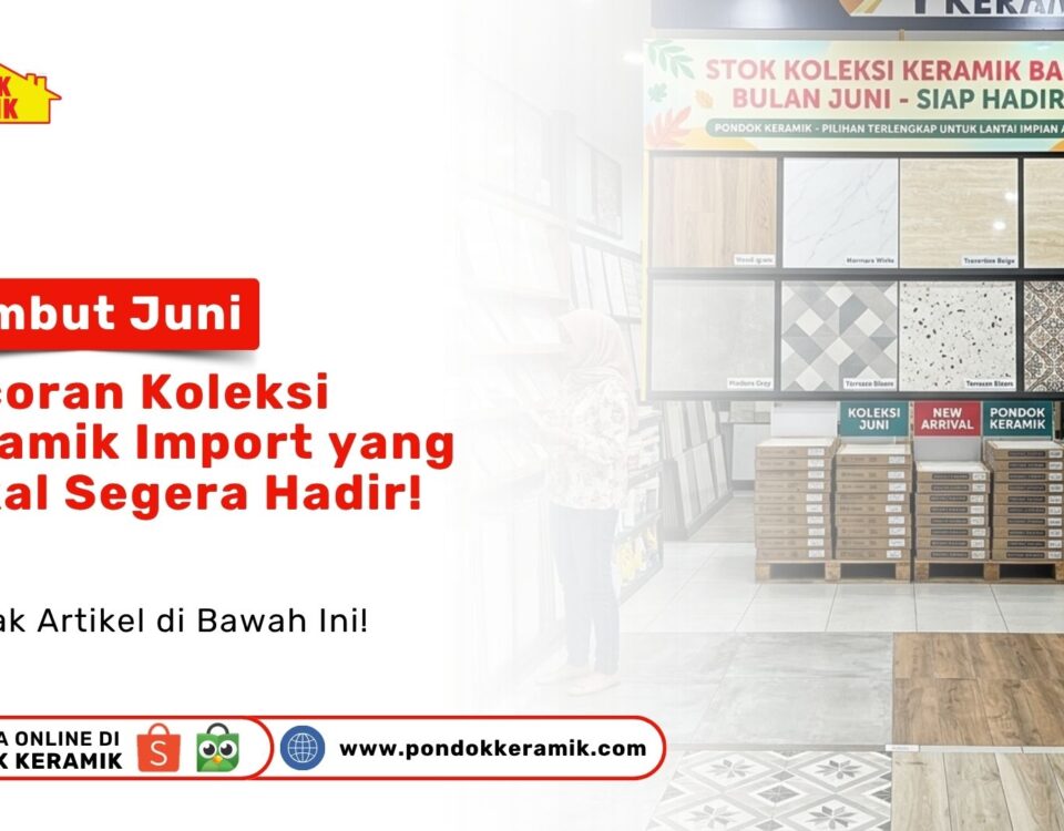 Seorang konsumen pria melihat papan pengumuman besar Koleksi Keramik Import Juni bermotif marmer dan terrazzo di Toko Pondok Keramik