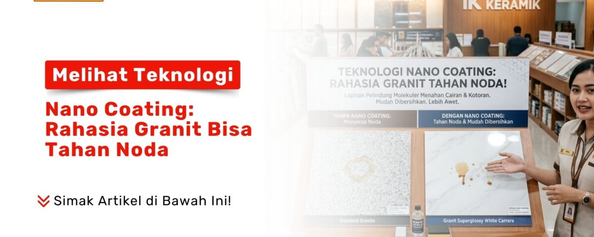 Seorang staf toko sedang menunjukkan contoh display pengujian cairan pada Granit Tahan Noda jenis White Carrara di Pondok Keramik