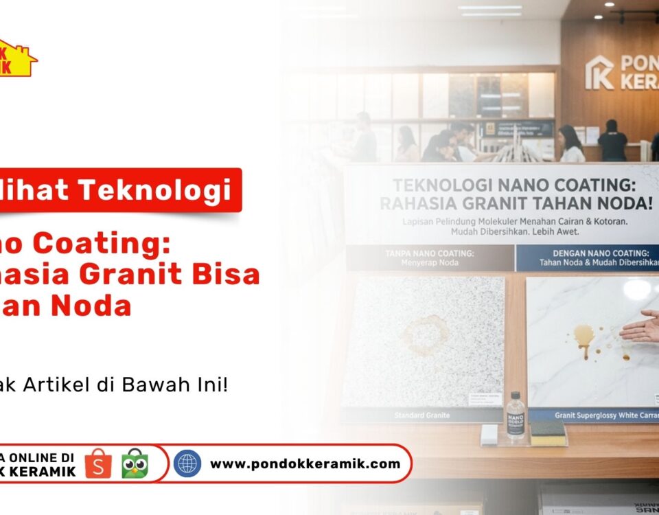 Seorang staf toko sedang menunjukkan contoh display pengujian cairan pada Granit Tahan Noda jenis White Carrara di Pondok Keramik