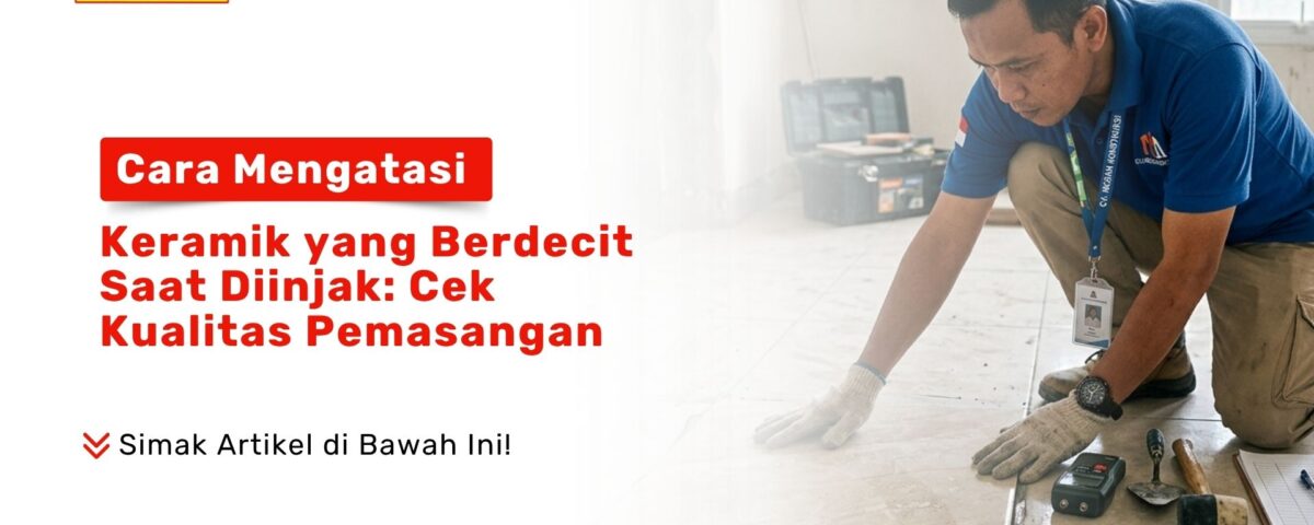 Seorang teknisi memakai sarung tangan kain sedang memeriksa kualitas pemasangan dan Mengatasi Keramik Berdecit Diinjak di Toko Pondok Keramik