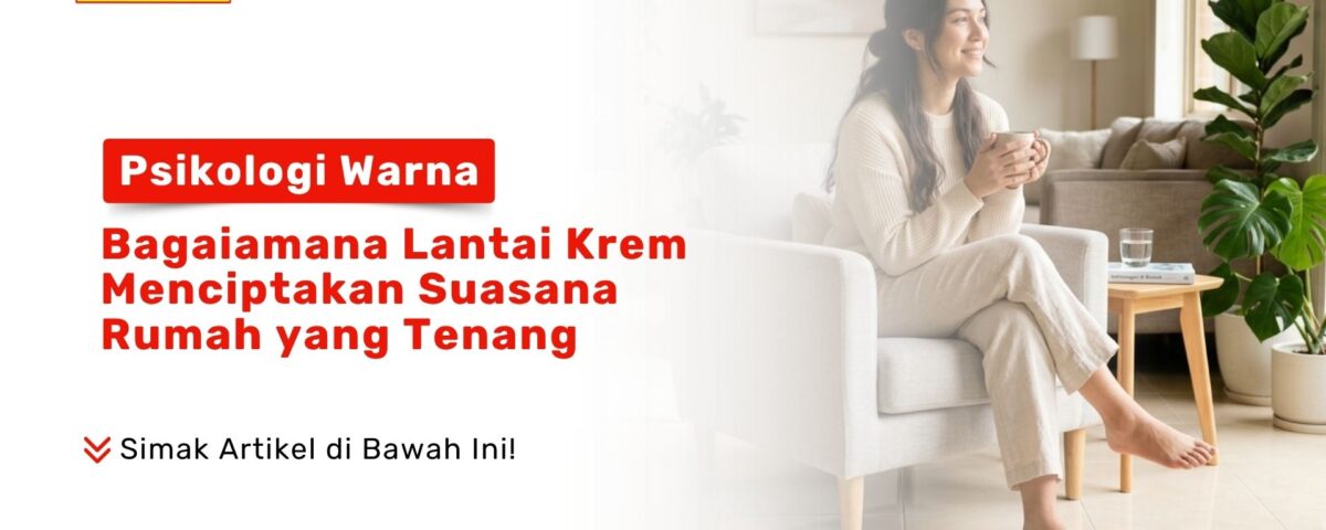 Seorang wanita sedang bersantai memegang cangkir di atas Lapisan Lantai Krem Rumah Tenang ruang keluarga Toko Pondok Keramik