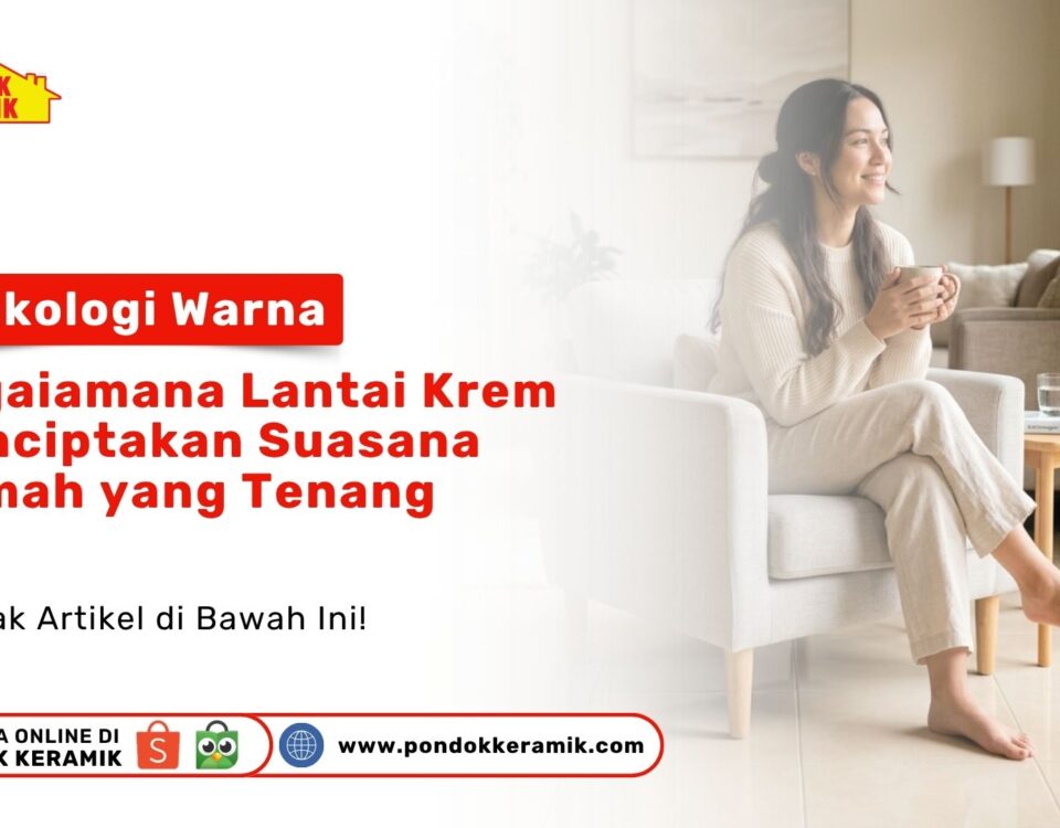 Seorang wanita sedang bersantai memegang cangkir di atas Lapisan Lantai Krem Rumah Tenang ruang keluarga Toko Pondok Keramik