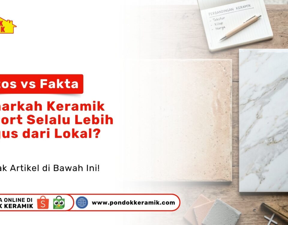 Dua sampel produk bersebelahan pada artikel Mitos vs Fakta Benarkah ubin motif marmer atas meja kayu Toko Pondok Keramik